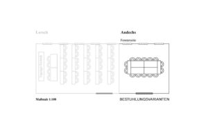 Sitzplan mit den Beschriftungen "Lorsch" und "Andechs" mit Esstischen und Stühlen, der verschiedene Anordnungsmöglichkeiten zeigt. Maßstab 1:100.